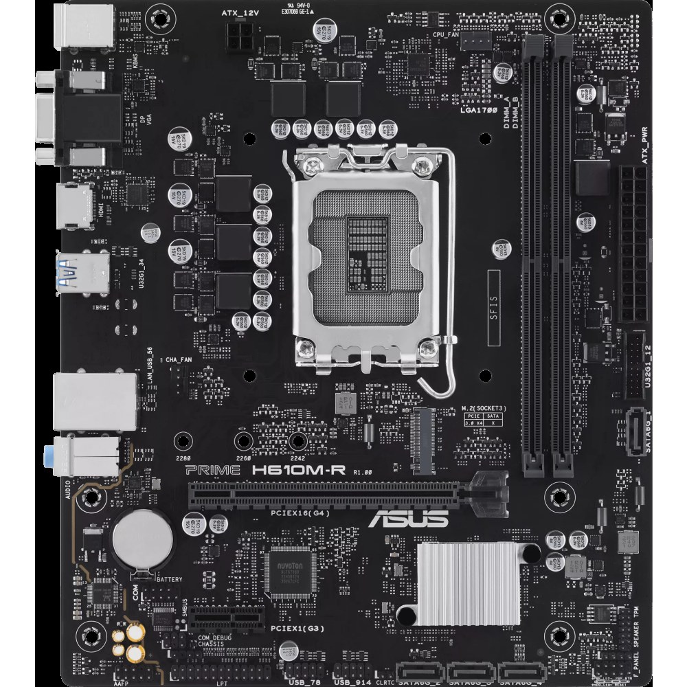 Материнская плата ASUS PRIME H610M-R-SI, LGA1700, Intel H610, 2xDDR5, 4xSATA, 1xM.2, 1xPCIe 4.0 x16, 1xPCIe x1, DisplayPort, HDMI, D-Sub, 1x1Gb LAN, 3x3.5 мм, 7.1, microATX