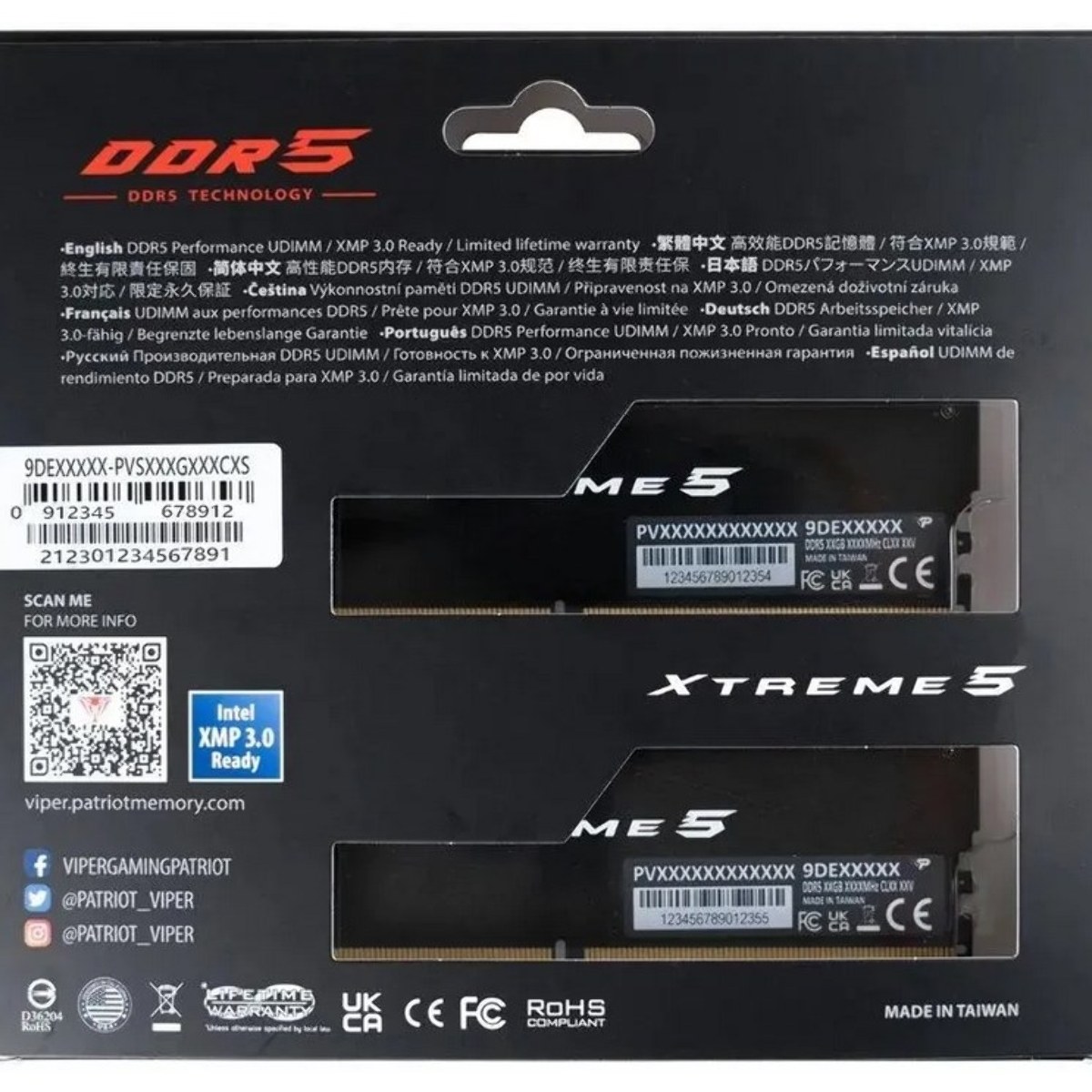 Оперативная память Patriot Viper Xtreme 5, DDR5, 48GB (2x24GB), 8200MHz, CL38, DIMM, с радиаторами, черный
