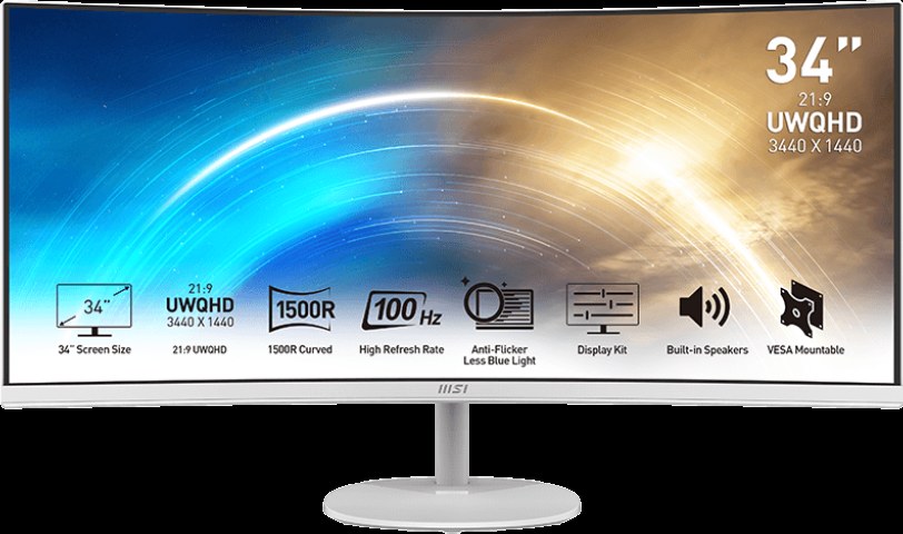 Монитор 34" MSI Pro MP341CQW VA 3440x1440, 100 Гц, 1 мс, 21:9, 300 кд/м2, 2xHDMI, 1xDP, изогнутый, белый