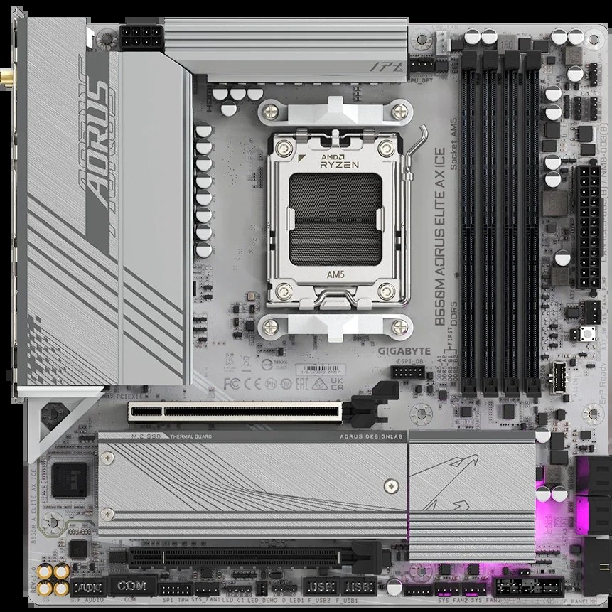 Материнская плата Gigabyte B650M AORUS ELITE AX ICE, AM5, AMD B650, 4xDDR5, 4xSATA, 2xM.2, 1xPCIe 4.0 x16, 1xPCIe 4.0 x4, DisplayPort, HDMI, 1x2.5Gb LAN, USB Type-C, 2x3.5 мм, 7.1, microATX