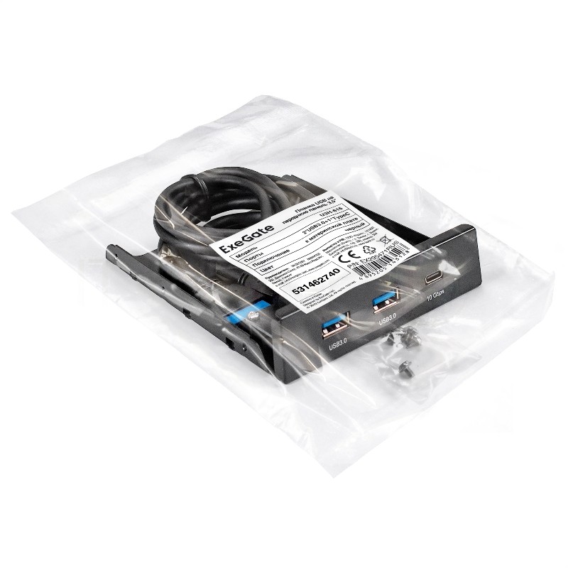 Планка USB на переднюю панель ExeGate U3H-616, 3,5", 2хUSB3.0+1хTypeC, черная, металл, подсоединение к мат. плате
