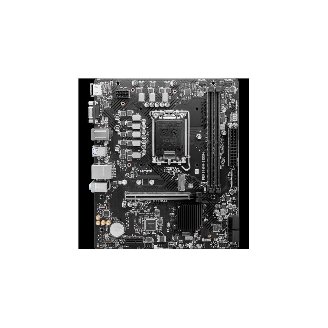 Материнская плата MSI PRO B760M-E, LGA 1700, Intel B760, 2xDDR5, 4xSATA, 1xM.2, 1xPCIe 4.0 x16, 1xPCIe 4.0 x1, 1xHDMI, 1xVGA, 1x1Gb LAN, 2xUSB-A 3.2 Gen 1, 4xUSB-A 2.0, 3x3.5 мм, 7.1, mATX