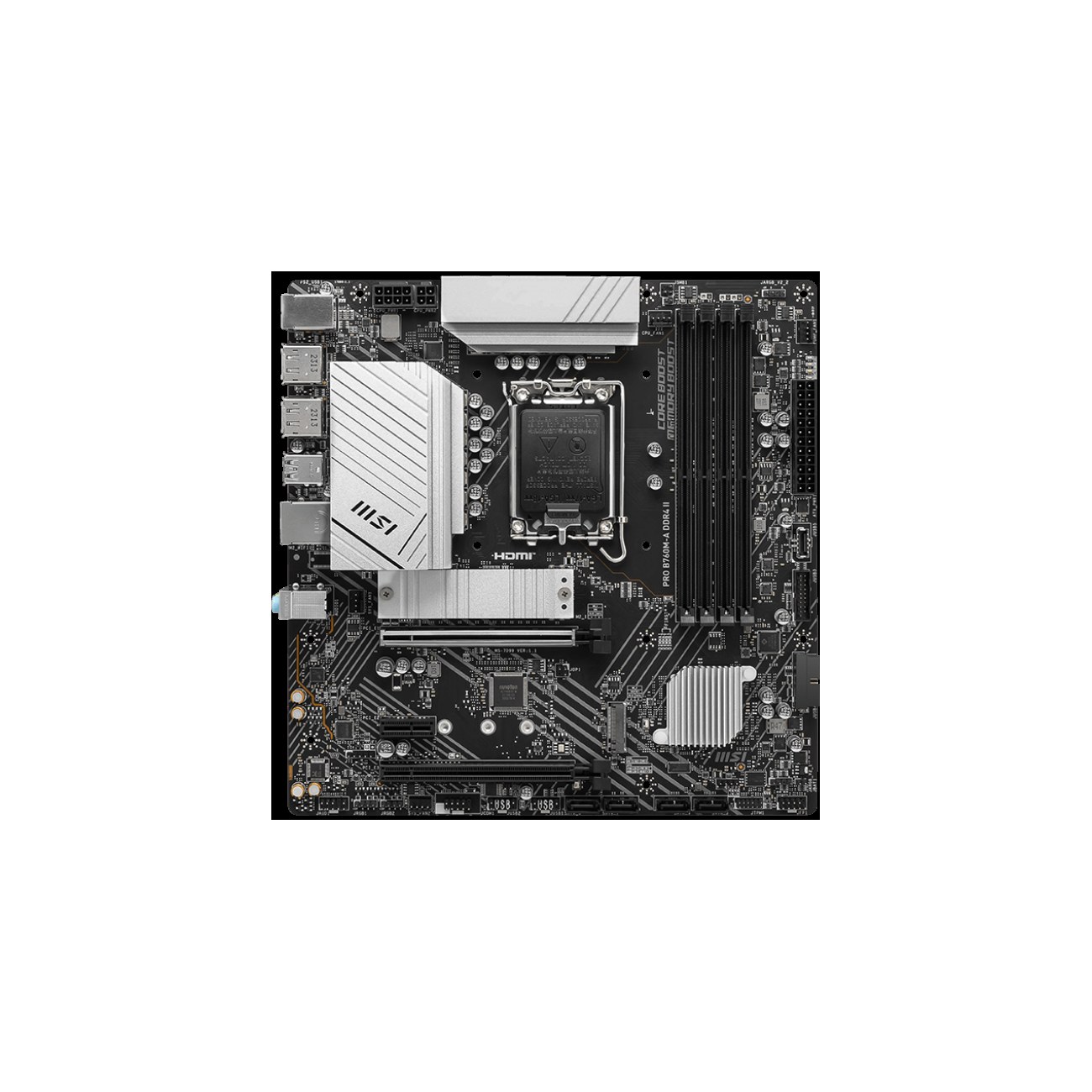 Материнская плата MSI PRO B760M-A DDR4 II, LGA1700, Intel B760, 4xDDR4, 4xSATA, 2xM.2, 1xPCIe 4.0 x16, 1xPCIe 4.0 x4, 1xPCIe 3.0 x1, 2xDP, 2xHDMI, 1x2.5Gb LAN, 2xUSB-A 10Gbps, 2xUSB-A 5Gbps, 2xUSB-A 2.0, 3x3.5 мм, 7.1, mATX