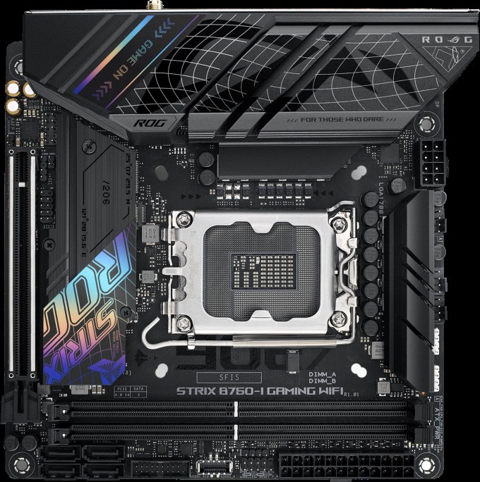 Материнская плата ASUS ROG STRIX B760-I GAMING WIFI, LGA 1700, Intel B760, 2xDDR5, 4xSATA, 2xM.2, 1xPCIe 5.0 x16, 1xHDMI, 1xDP, 1x 2.5Gb LAN, 3xUSB-A 2.0, 3xUSB-A 3.2 Gen 1, 1xUSB-C 3.2 Gen 1, 1xUSB-C 3.2 Gen 2x2, 5x3.5 мм, 7.1, Mini-ITX