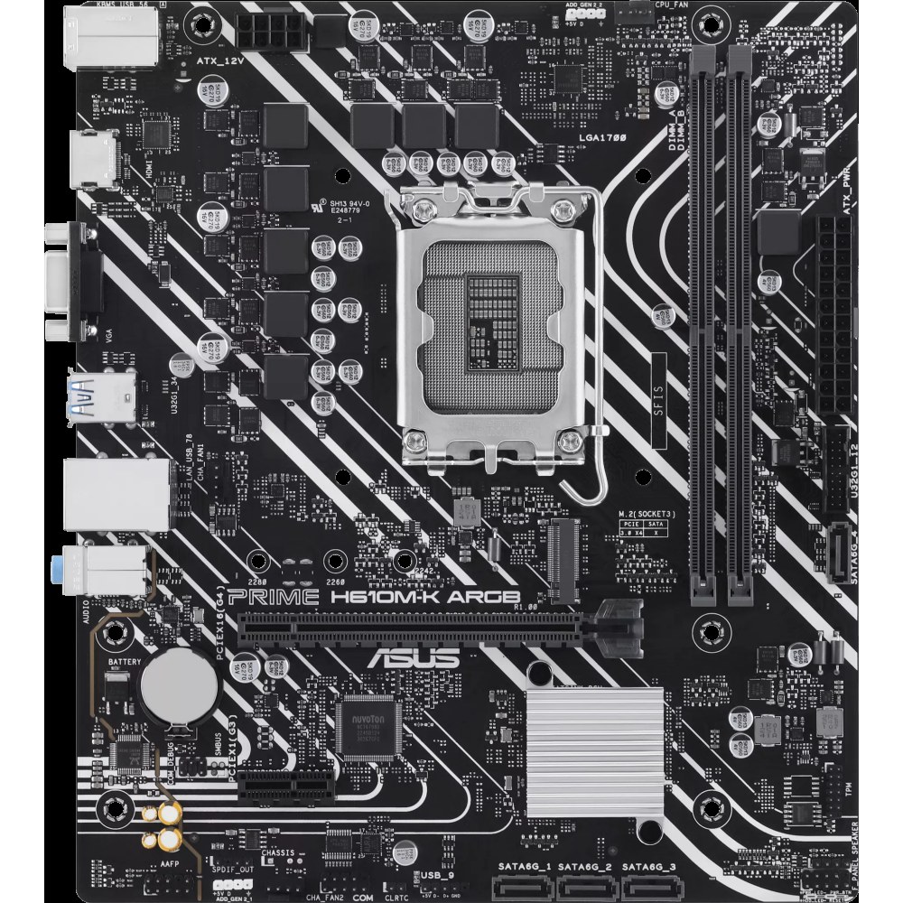 Материнская плата ASUS PRIME H610M-K ARGB, LGA1700, Intel H610, 2xDDR5, 4xSATA, 1xM.2, 1xPCIe 4.0 x16, 1xPCIe 3.0 x1, 1xVGA, 1xHDMI, 1x1Gb LAN, 2xUSB-A 5Gbps, 4xUSB-A 2.0, 3x3.5 мм, 7.1, mATX