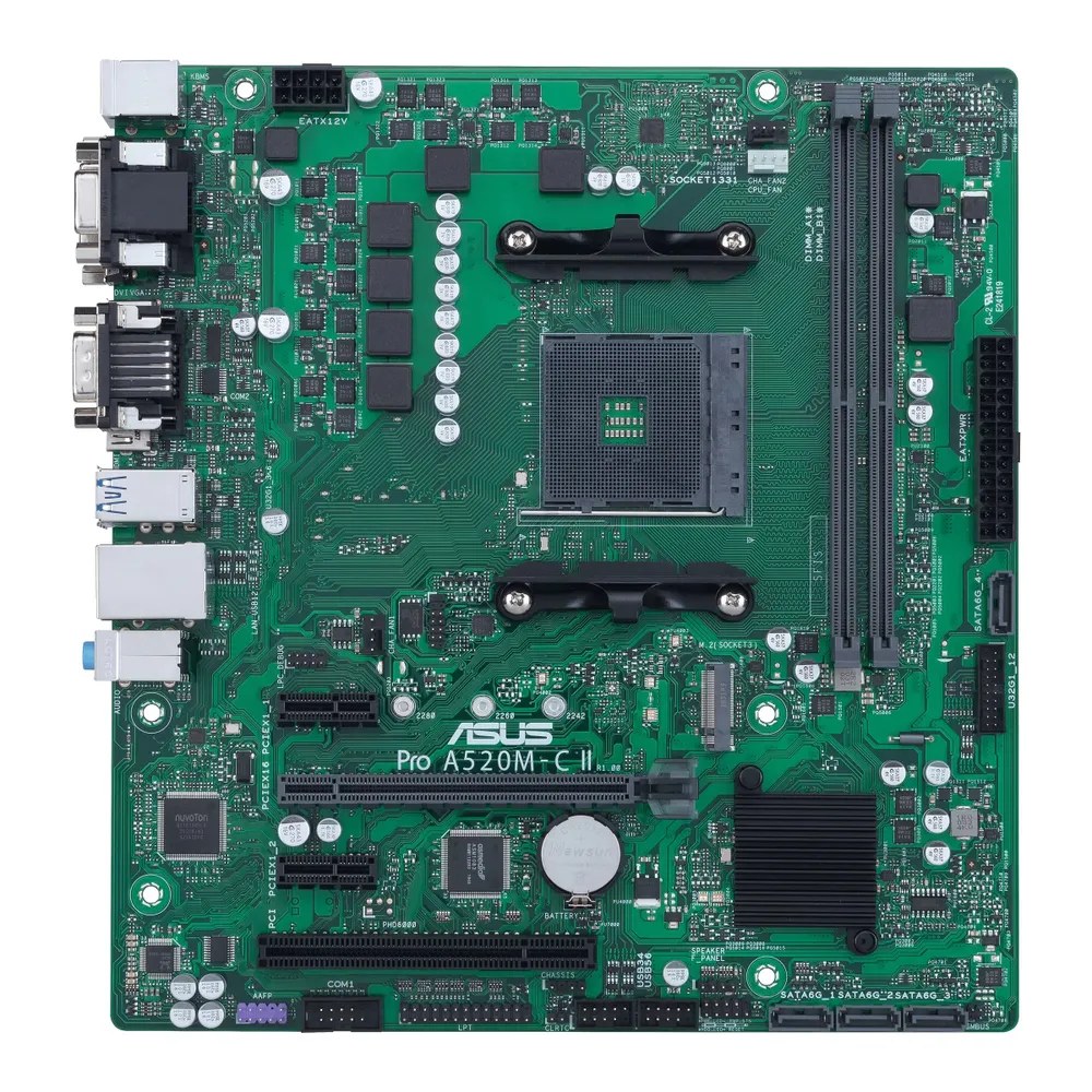 Материнская плата ASUS Pro A520M-C II/CSM, AM4, AMD A520, 2xDDR4, 4xSATA, 1xM.2, 1xPCI-E 3.0 x16, 2xPCI-E x1, 1xDVI-D, 1xDP, 1xHDMI, 1xVGA, 1x 1Gb LAN, 2xUSB-A 2.0, 4xUSB-A 3.2 Gen 1, 3x3.5 мм, Micro-ATX