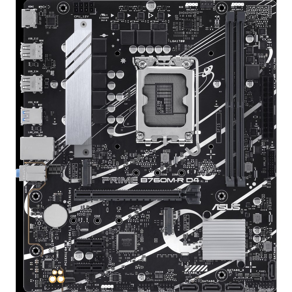 Материнская плата ASUS PRIME B760M-R D4, LGA 1700, Intel B760, 2xDDR4, 4xSATA, 2xM.2, 1xPCIe 4.0 x16, 1xPCIe x1, 1xHDMI, 1x 2.5Gb LAN, 4xUSB-A 2.0, 4xUSB-A 3.2 Gen 1, 3x3.5 мм, 7.1, mATX