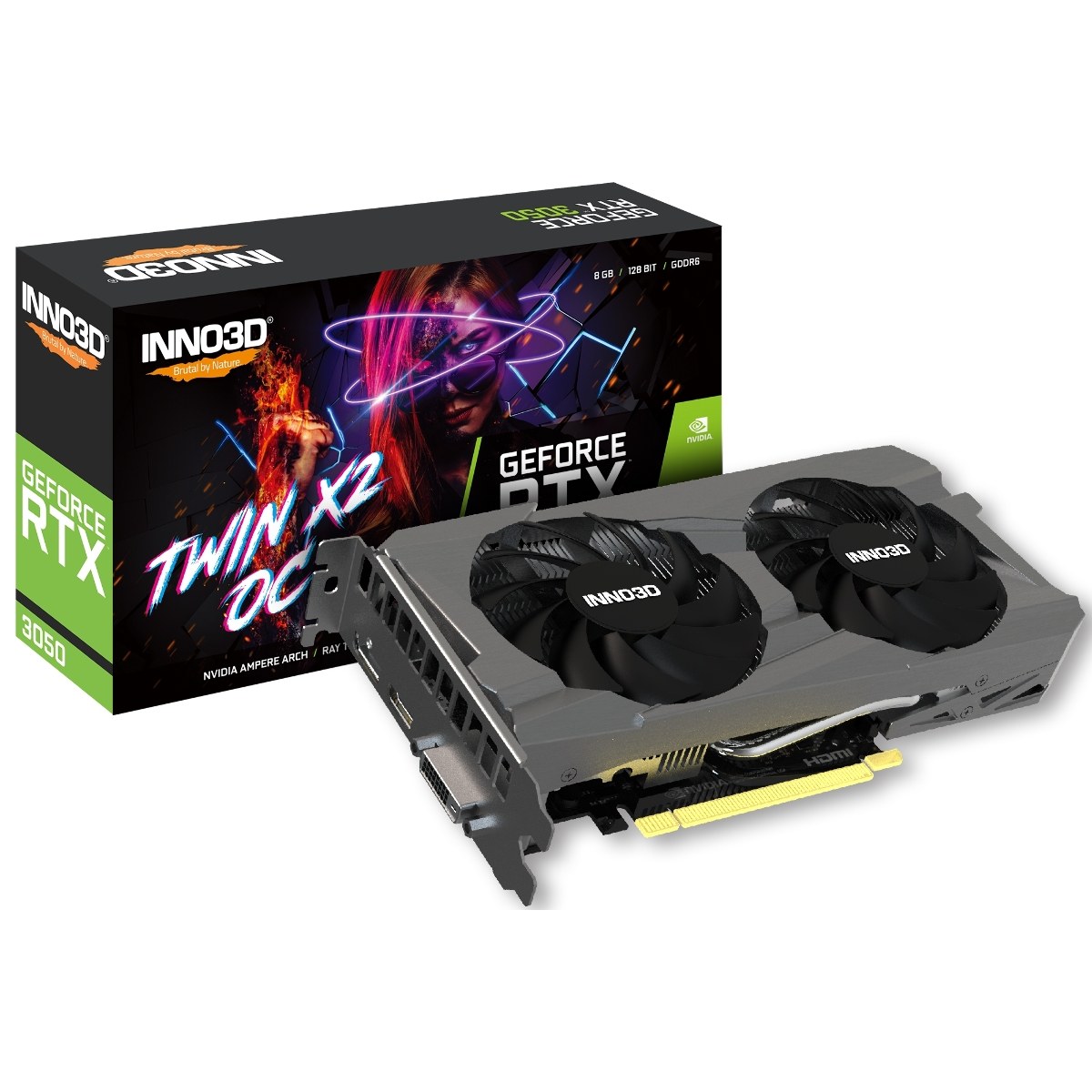 Видеокарта INNO3D GeForce RTX 3050 TWIN X2 OC, 8 GB GDDR6, 128 bit, DVI-D, DisplayPort, HDMI, GPU 1552 MHz