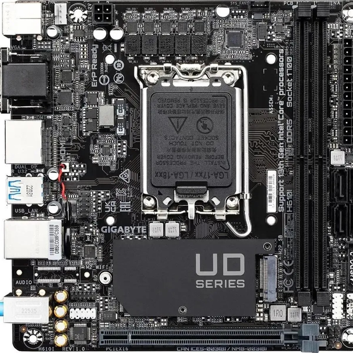 Материнская плата Gigabyte H610I, LGA 1700, Intel H610, 2xDDR5, 4xSATA, 1xM.2, 1xPCIe 4.0 x16, 1xHDMI, 1xVGA, 2xDP, 1x 1Gb LAN, 2xUSB-A 3.2 Gen 1, 4xUSB-A 2.0, 3x 3.5 мм, 7.1, Mini-ITX