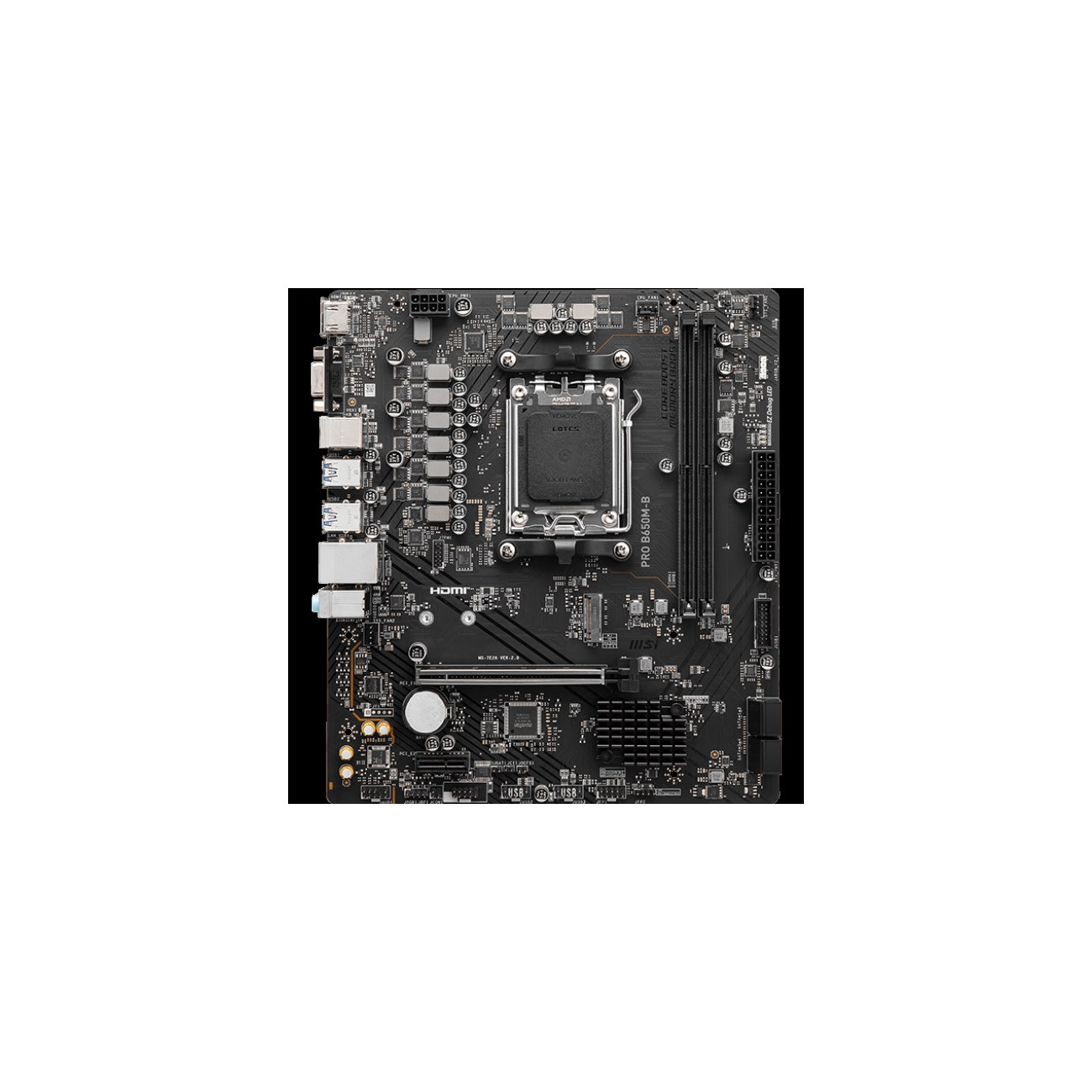 Материнская плата MSI PRO B650M-B, AM5, AMD B650, 2xDDR5, 4xSATA, 1xM.2, 1xPCI-E 4.0 x16, 1xPCI-E 4.0 x1, 1xHDMI, 1xVGA, 1x2.5Gb LAN, 2xUSB 2.0, 4xUSB 3.2 Gen 1, 3x3.5 мм, 7.1, Micro-ATX