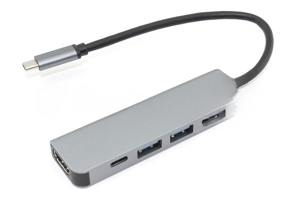 Адаптер Type-C на HDMI, USB 3.0*2 + 2 Type-C для MacBook, серый