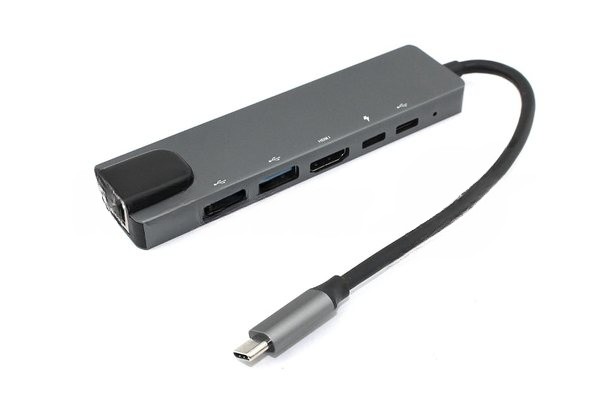 Адаптер Type-C на HDMI, USB 3.0*2 + RJ45 + Type-C*2, серый