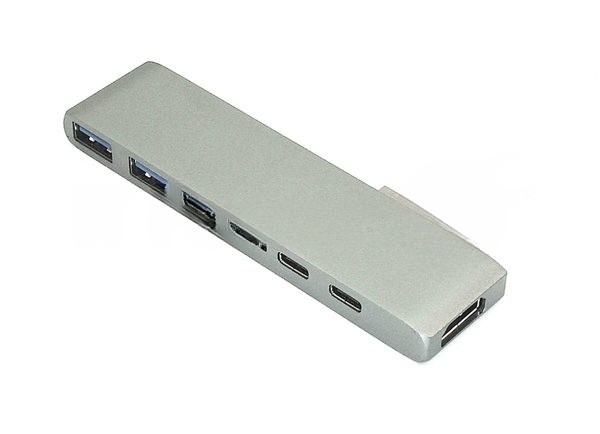 Адаптер сдвоенный Type-C на HDMI, USB 3.0*2 + Type-C* 2 + SD/TF для MacBook, серый