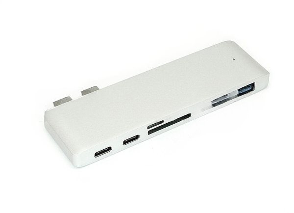 Адаптер сдвоенный Type-C на USB 3.0*2 + Type-C* 2 + SD/TF для MacBook, серебристый