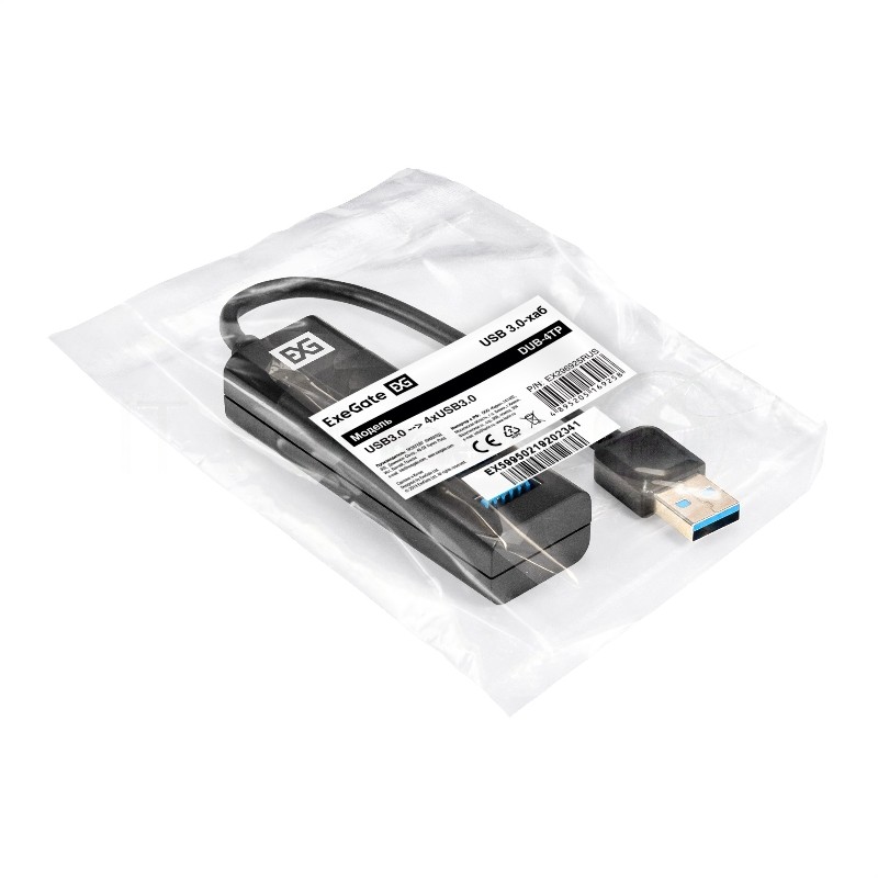 USB-концентратор 4-в-1 ExeGate DUB-4TP (кабель-адаптер USB3.0 --> 4xUSB3.0, Plug&Play, черный)