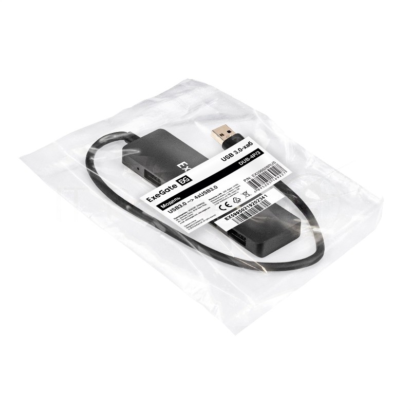 USB-концентратор 4-в-1 ExeGate DUB-4P/3 (кабель-адаптер USB3.0 --> 4xUSB3.0, Plug&Play, черный)