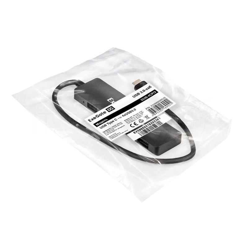 USB-концентратор 4-в-1 ExeGate DUB-4CP/3 (кабель-адаптер USB Type C --> 4xUSB3.0, Plug&Play, черный)