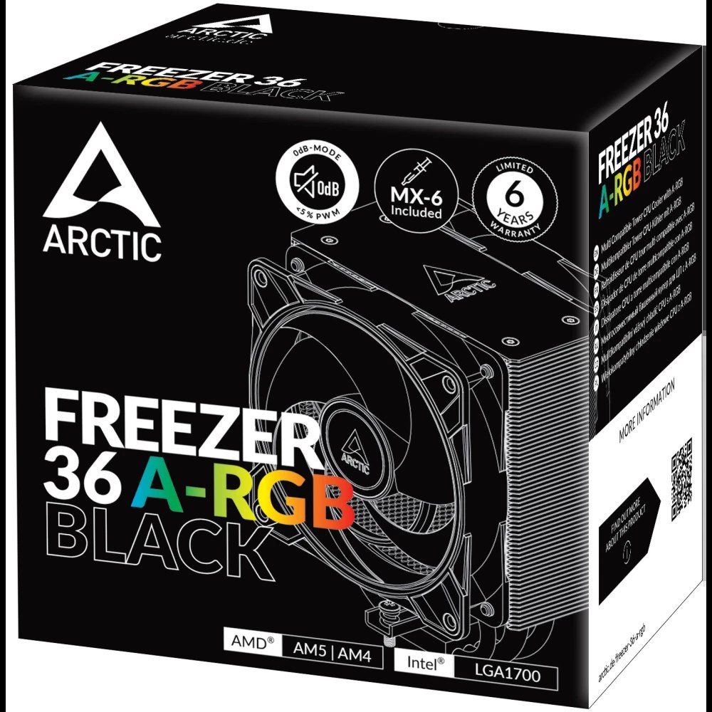 Кулер для процессора Arctic Freezer 36 A-RGb черный, 120 мм, алюминий/медь, 2000 об/мин, 22.5 дБ, 4 pin, 200 Вт, 159 мм