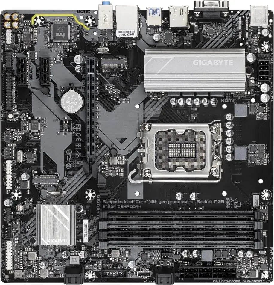 Материнская плата Gigabyte B760M D3HP DDR4, LGA 1700, Intel B760, 4xDDR4, 4xSATA, 2xM.2, 1xPCIe 4.0 x16, 2xPCIe x1, 1xHDMI, 1xVGA, 1xDP, 1x 1Gb LAN, 3xUSB-A 3.2 Gen 1, 2xUSB-A 2.0, 3x3.5 мм, 7.1, mATX