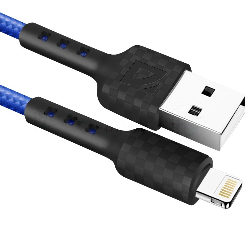 Кабель Defender F181, USB 2.0 (AM) - Apple Lightning (M), 1 м, 2.4А, нейлоновая оплетка, синий.