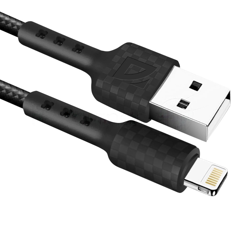Кабель Defender F181, USB 2.0 (AM) - Apple Lightning (M), 1 м, 2.4А, нейлоновая оплетка, черный.