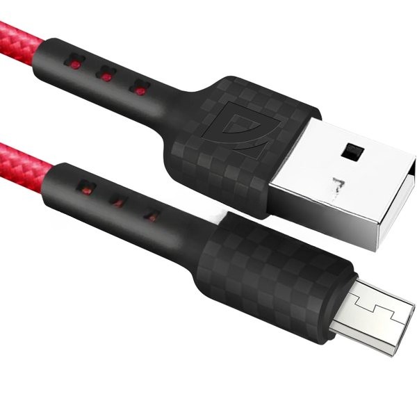 Кабель Defender F181, USB 2.0 (AM) - microUSB 2.0 (BM), 1 м, 2.4А, нейлоновая оплетка, красный.
