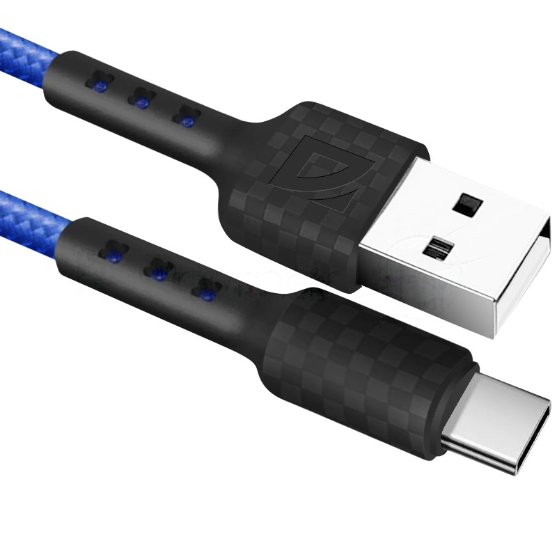Кабель Defender F181, USB 2.0 (AM) - Type-C, 1 м, 2.4А, нейлоновая оплетка, синий.