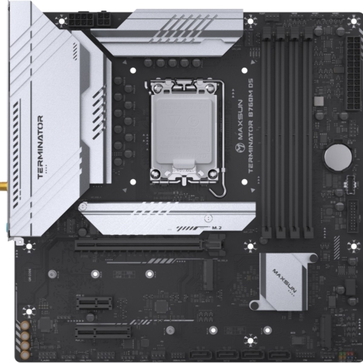 Материнская плата Maxsun Terminator B760M D5 WIFI, LGA 1700, Intel B760, 4xDDR5, 4xSATA, 3xM.2, 1xPCIe 5.0 x16, 1xPCIe x4, 1xPCIe x1, 1xHDMI, 1xDP, 1x 2.5Gb LAN, 6xUSB 2.0, 2xUSB 3.2 Gen 2, 3x3.5 мм, 5.1, mATX
