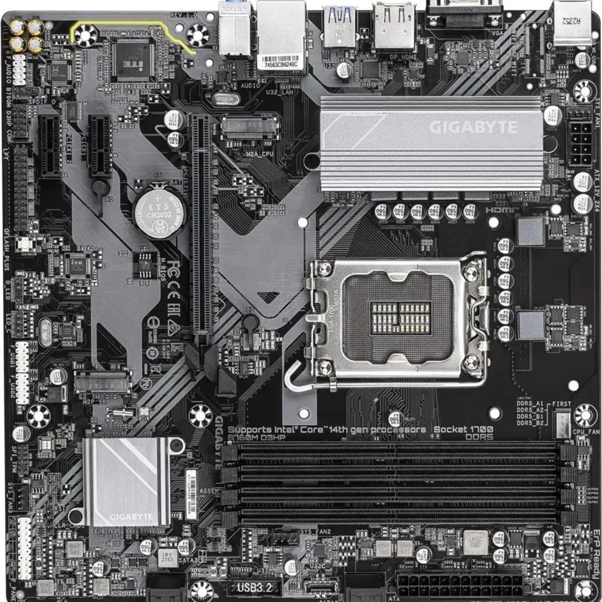 Материнская плата Gigabyte B760M D3HP DDR5, LGA 1700, Intel B760, 4xDDR5, 4xSATA, 2xM.2, 1xPCIe 4.0 x16, 1xPCIe x1, 1xHDMI, 1xVGA, 1xDP, 1x 1Gb LAN, 3xUSB-A 3.2 Gen 1, 2xUSB-A 2.0, 3x3.5 мм, 7.1, mATX
