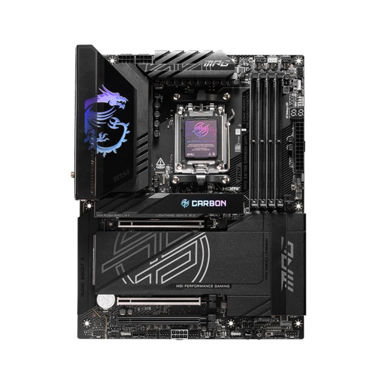 Материнская плата MSI MPG X870E CARBON WIFI, AM5, AMD X870E, 4xDDR5, 4xSATA, 4xM.2, 1xPCIe 5.0 x16, 1xPCIe 5.0 x4, 1xPCIe 4.0 x4, 1xHDMI, 2xUSB-C, 2x1Gb LAN, 9xUSB 3.2 Gen 2, 2xUSB4, 2x3.5 мм, 7.1, ATX
