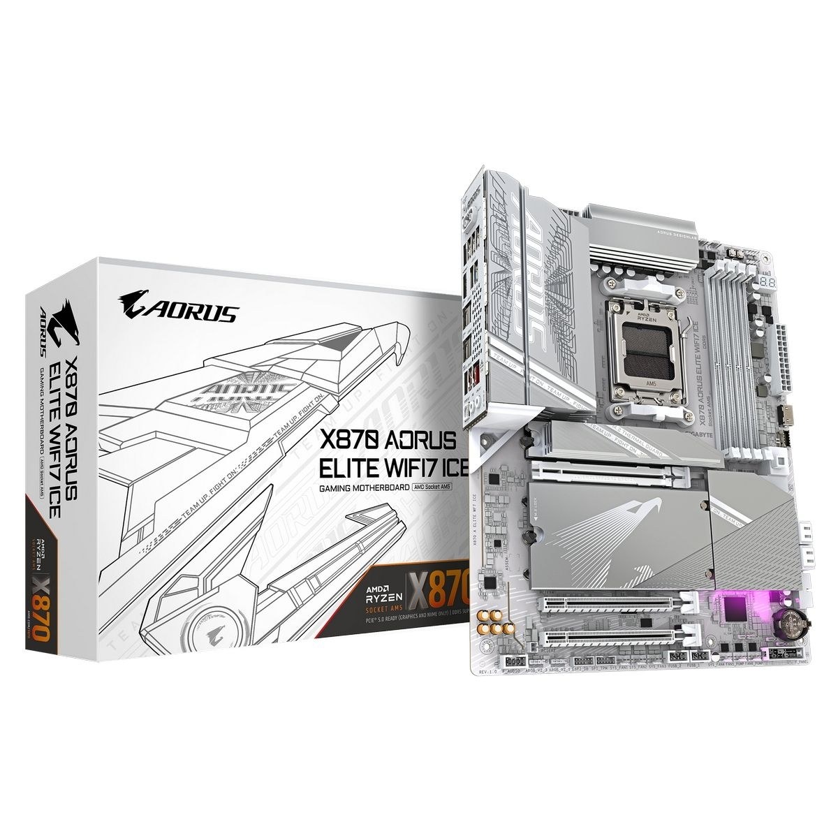 Материнская плата Gigabyte X870 A ELITE WIFI7 ICE, AM5, AMD X870, 4xDDR5, 4xSATA, 4xM.2, 1xPCI-E 5.0 x16, 1xPCI-E 4.0 x4, 1xPCI-E 3.0 x2, 1xHDMI, 1x 2.5Gb LAN, 2xUSB-C 4.0, 2xUSB 3.2 Gen 2, 4xUSB 3.2 Gen 1, 4xUSB 2.0, 2x3.5 мм, 7.1, ATX
