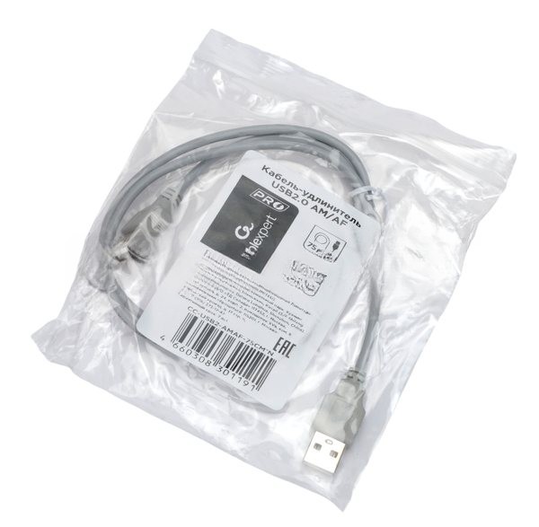 Кабель-удлинитель USB2.0 Cablexpert CC-USB2-AMAF-75CM-N, AM/AF, медь, Pro, 75 см, серый, пакет