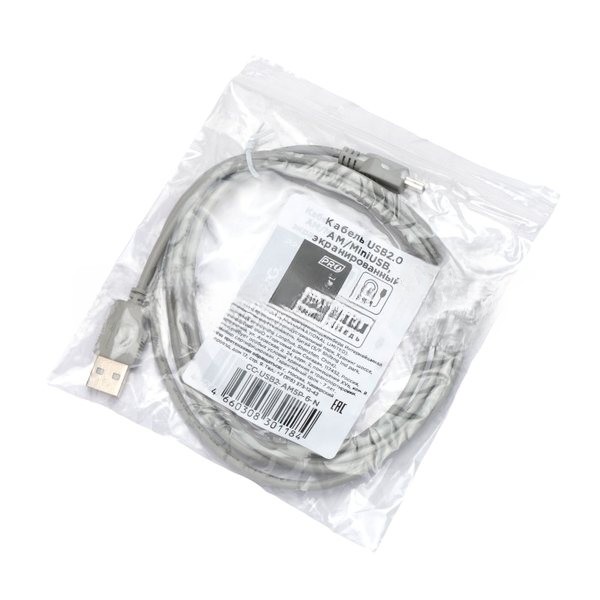 Кабель USB2.0 Cablexpert CC-USB2-AM5P-6-N, AM/MiniUSB, медь, экран, Pro, 1.8м серый, пакет