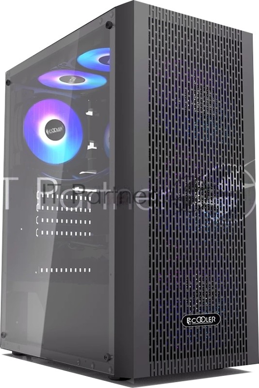 Корпус без блока питания PCCOOLER MA100 MESH BK, Mesh Mid Tower, черный, TG, 0.4 SPCC, 3x120мм ARGb ATX, mATX, mITX 160/310/180мм 2x2.5", 2x3.5", 7xPCI 1xUSB-A 3.0, 2xUSB-A 2.0 360x200x446mm