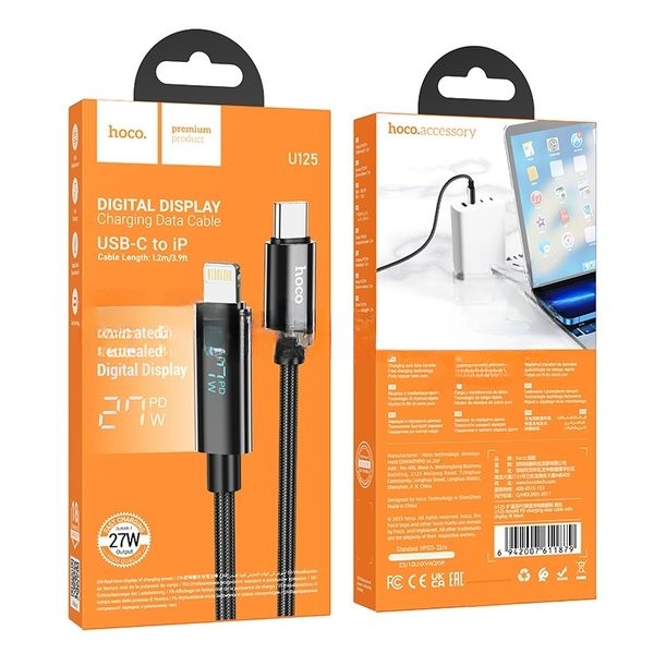 Кабель USB2.0 Hoco Type-C/Lightning, 2.4А, с дисплеем, U125, 1.2м, черный, коробка