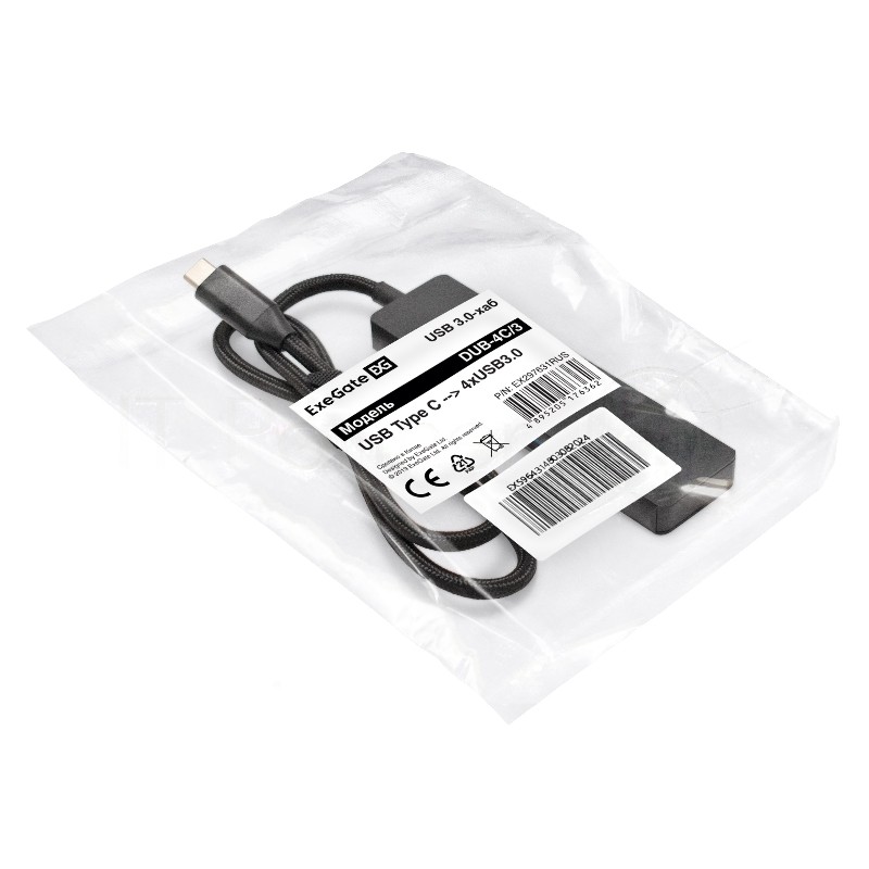 USB-концентратор 4-в-1 ExeGate DUB-4C/3 (кабель-адаптер USB Type C --> 4xUSB3.0, Plug&Play, черный)