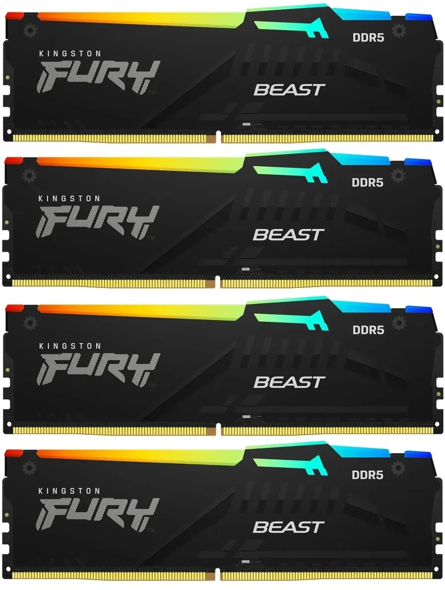 Оперативная память Kingston Fury Beast, DDR5, 64Gb (4x16GB), 5200MHz, CL40, DIMM, с радиаторами, RGB, черный