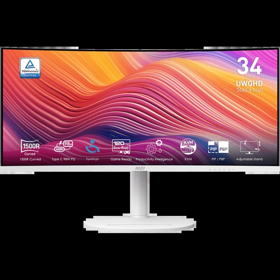 Монитор 34" MSI Modern MD342CQPW VA 3440x1440, 120 Гц, 4 мс, 21:9, 300 кд/м², 2xHDMI, 1xDP, 1xUSB-C, 2x3 Вт, белый, изогнутый