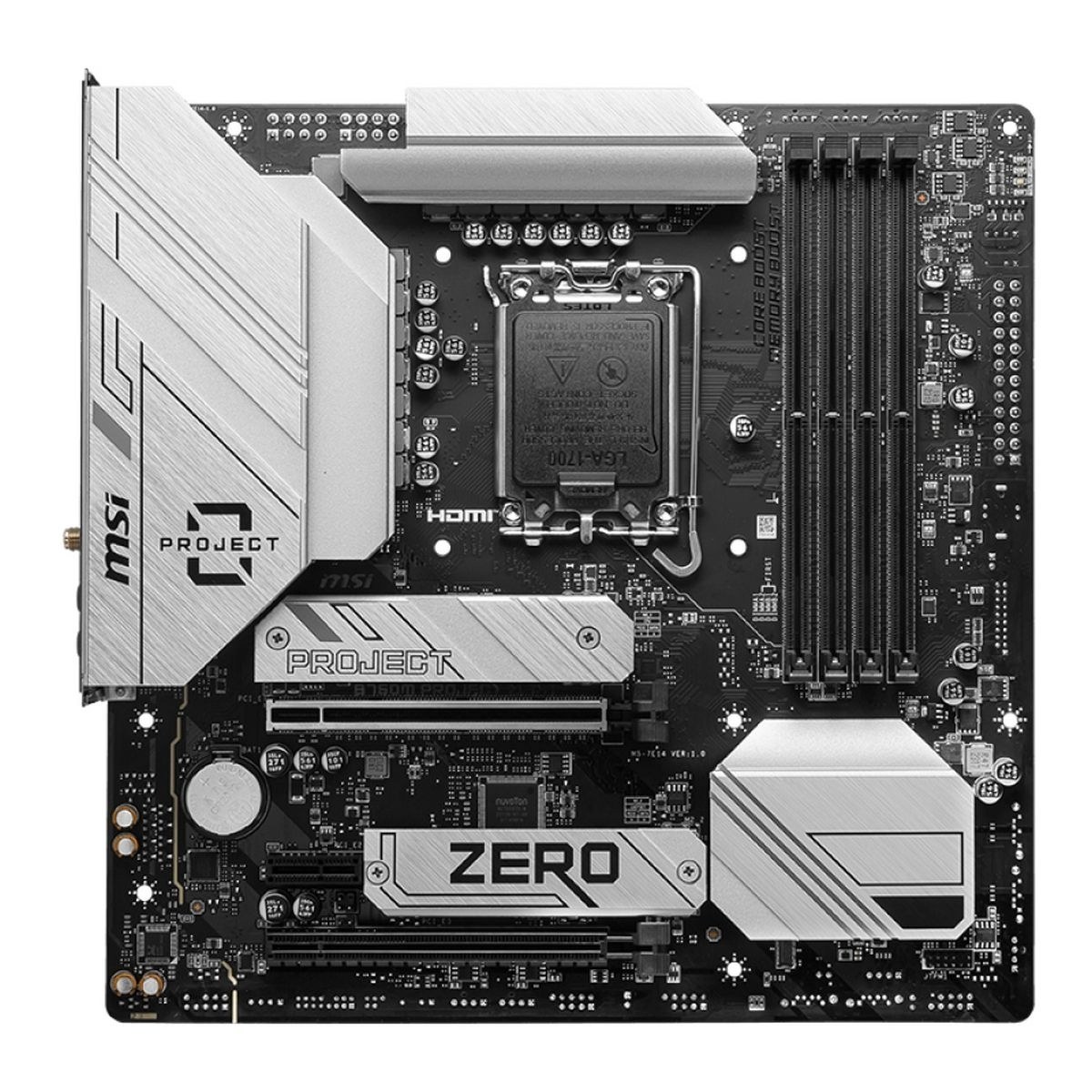 Материнская плата MSI B760M PROJECT ZERO, LGA1700, Intel B760, 4xDDR5, 4xSATA, 2xM.2, 1xPCIe 5.0 x16, DisplayPort, HDMI, 1x2.5Gb LAN, USB Type-C, 5x3.5 мм, 7.1, microATX