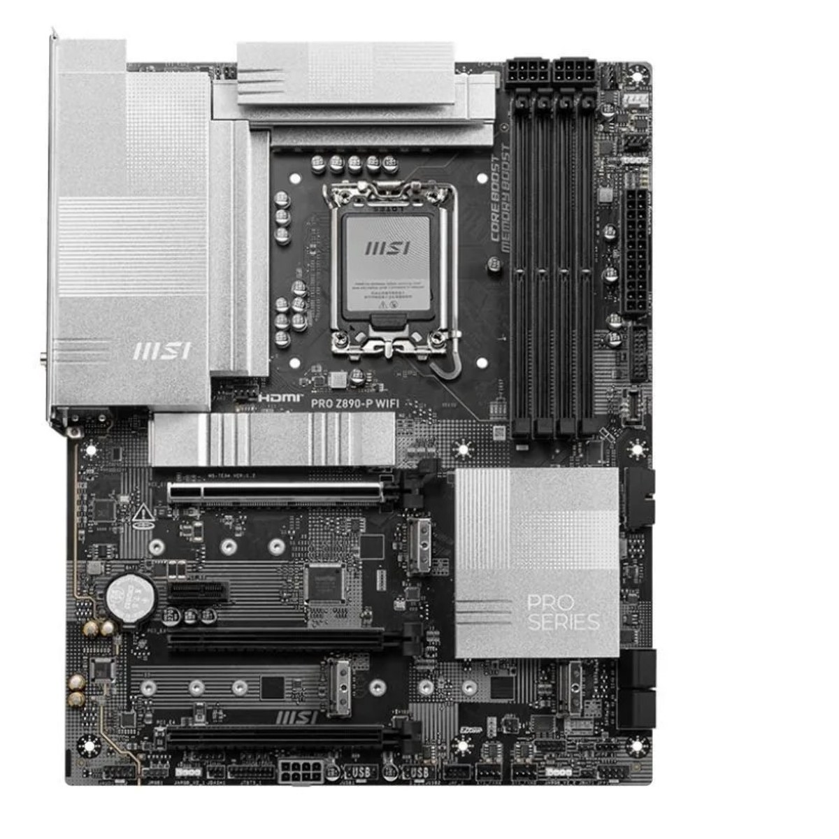Материнская плата MSI PRO Z890-P WIFI, LGA1851, Intel Z890, 4xDDR5, 4xSATA, 4xM.2, 1xPCIe 5.0 x16, DisplayPort, HDMI, USB Type-C, 1x5Gb LAN, Thunderbolt, 3x3.5 мм, 7.1, ATX