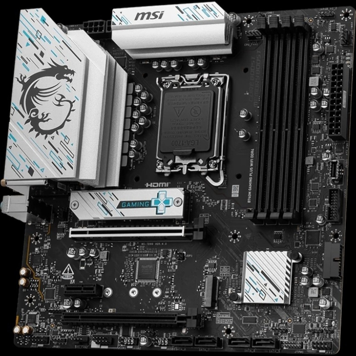 Материнская плата MSI B760M GAMING PLUS WIFI DDR4, LGA1700, Intel B760, 4xDDR4, 4xSATA, 2xM.2, 1xPCIe 4.0 x16, DisplayPort, HDMI, 1x1Gb LAN, 3x3.5 мм, 7.1, microATX