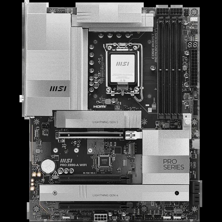 Материнская плата MSI PRO Z890-A WIFI, LGA1851, Intel Z890, 4xDDR5, 4xSATA, 4xM.2, 1xPCIe 5.0 x16, HDMI, USB Type-C, 1x5Gb LAN, Thunderbolt, 2x3.5 мм, 7.1, ATX