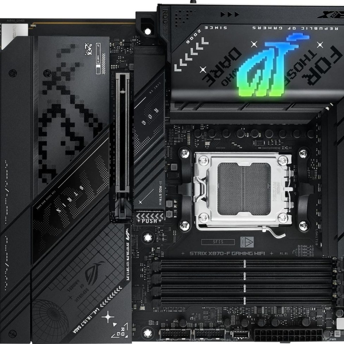Материнская плата ASUS ROG STRIX X870-F GAMING WIFI, AM5, AMD X870, 4xDDR5, 2xSATA, 4xM.2, 1xPCIe 5.0 x16, 1xPCIe 4.0 x4, DisplayPort, HDMI, 1x2.5Gb LAN, USB Type-C, 2x3.5 мм, 7.1, ATX