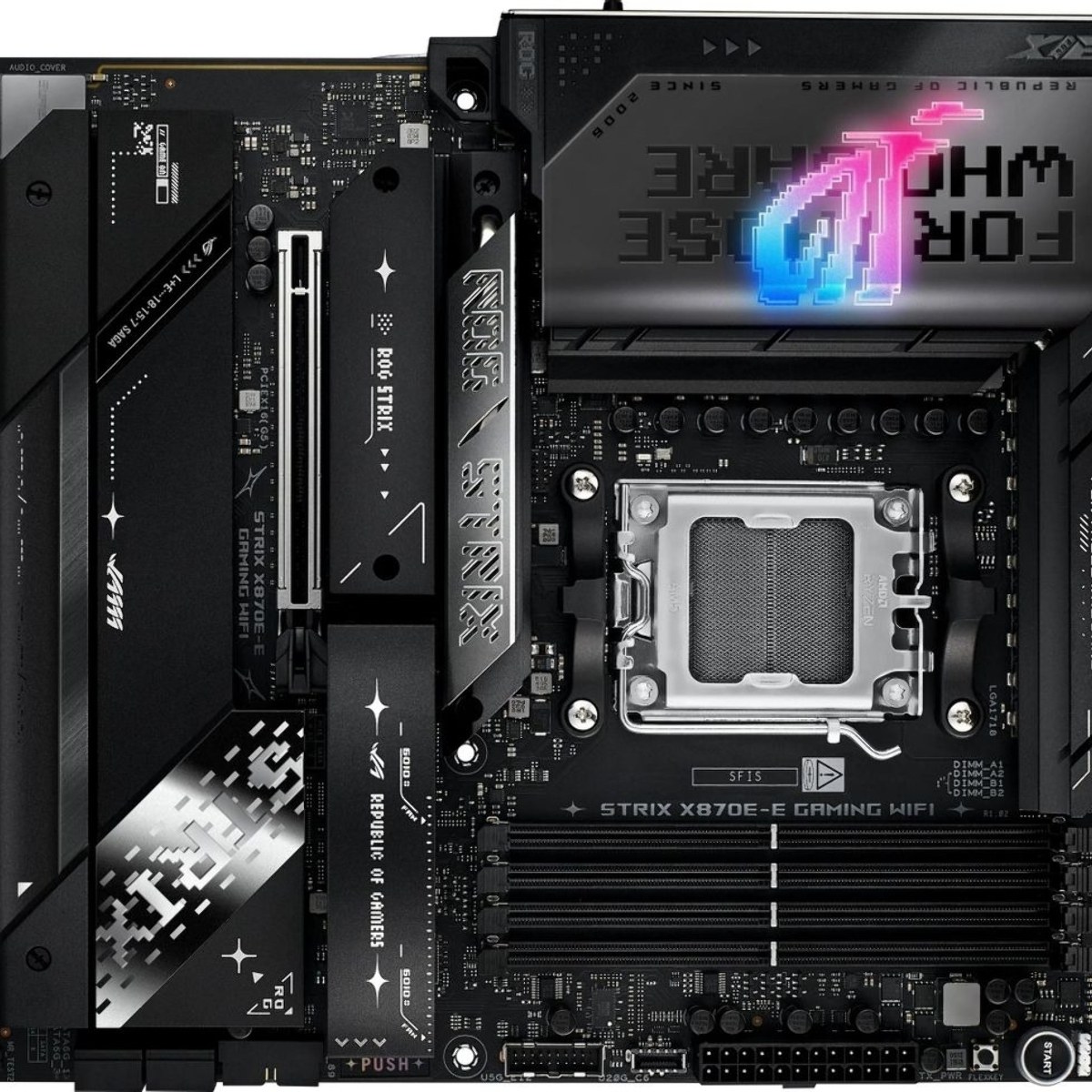Материнская плата ASUS ROG STRIX X870E-E GAMING WIFI, AM5, AMD X870E, 4xDDR5, 4xSATA, 5xM.2, 2xPCIe 5.0 x16, 1xPCIe 4.0 x4, 1xPCIe 4.0 x1, DisplayPort, HDMI, 1x5Gb LAN, USB Type-C, 5x3.5 мм, 7.1, ATX