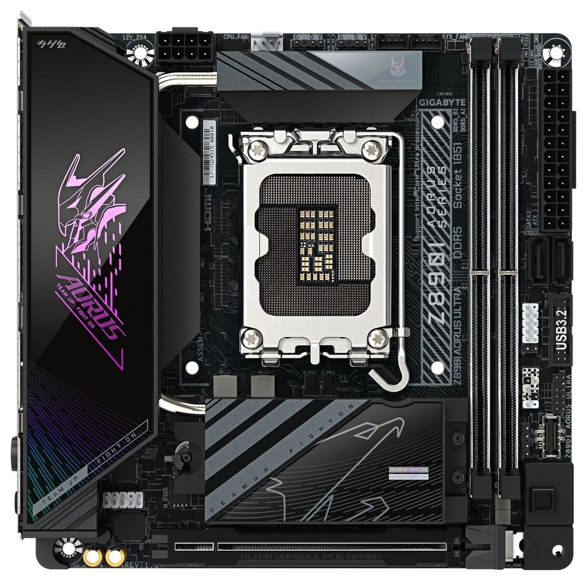 Материнская плата Gigabyte Z890I AORUS ULTRA, LGA 1851, Intel Z890, 2xDDR5, 2xSATA, 2xM.2, 1xPCIe 5.0 x16, 1xDP, 1xHDMI, 1xUSB-C, 1x Thunderbolt 4, 1x 2.5Gb LAN, 2xUSB-A 3.2 Gen 1, 3xUSB-A 3.2 Gen 2, 2x3.5 мм, TOSLINK, 7.1, 1xUSB4, Mini-ITX