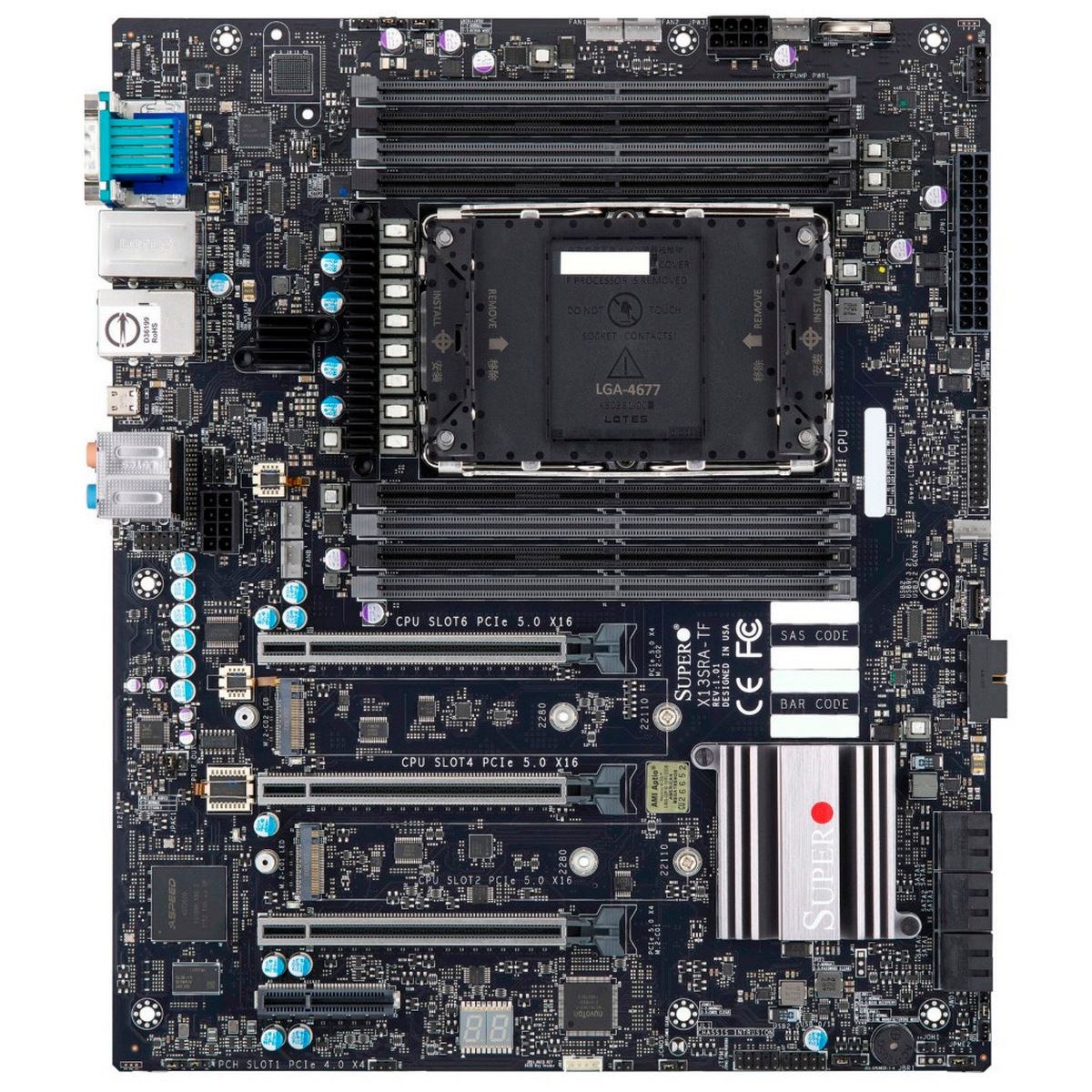 Материнская плата Supermicro X13SRA-TF, LGA4677, Intel W790, 8xDDR5, 6xSATA, 2xM.2 PCIe 5.0, 3xPCIe 5.0 x16, 1xPCIe 4.0 x4, 1xD-Sub, 1x 1Gb LAN, 1x 10Gb LAN, 4xUSB 3.2 Gen2, 1xUSB 3.2 Gen2x2 Type-C, 2xUSB 3.0, 6x3.5 мм, 7.1, E-ATX