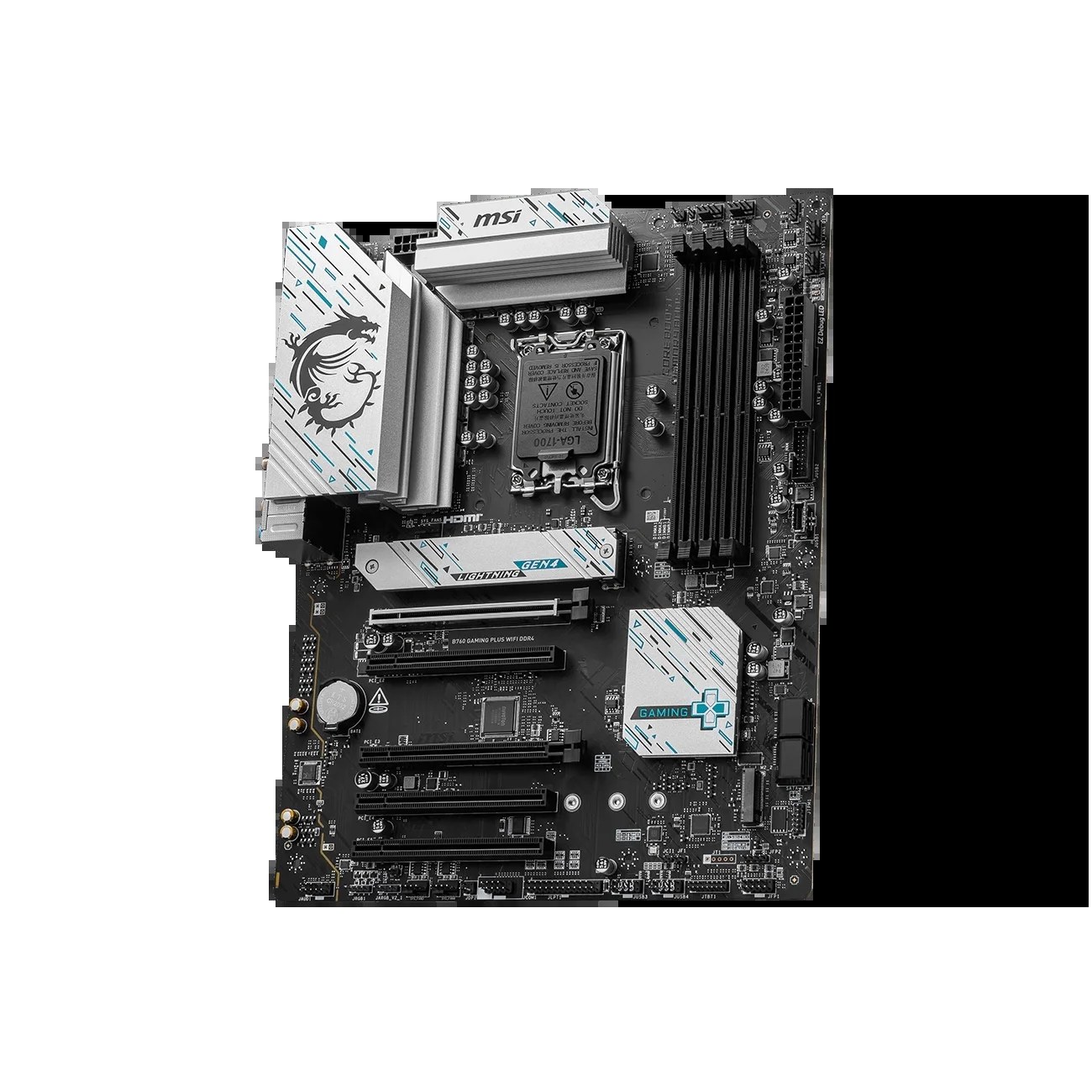 Материнская плата MSI B760 GAMING PLUS WIFI DDR4, LGA 1700, Intel B760, 4xDDR4, 4xSATA, 2xM.2, 1xPCI-E 4.0 x16, 1xPCI-E 4.0 x4, 3xPCI-E 3.0 x1, 1xHDMI, 1xDP, 2xUSB 3.2 Gen 2, 4xUSB 2.0, 1xUSB 3.2 Gen 2, 1x 2.5Gb LAN, 5x3.5 мм, 7.1, ATX