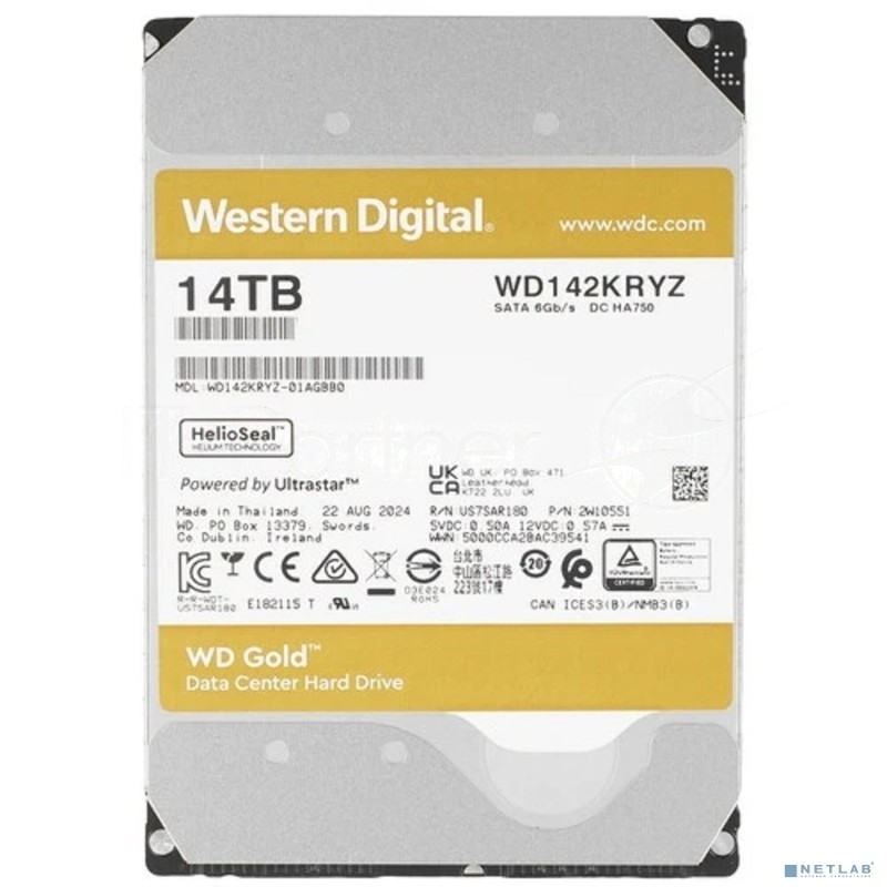 Жесткий диск Western Digital 3.5"; 14Tb WD142KRYZ Gold SATA3, Cache 256MB, 7200 rpm