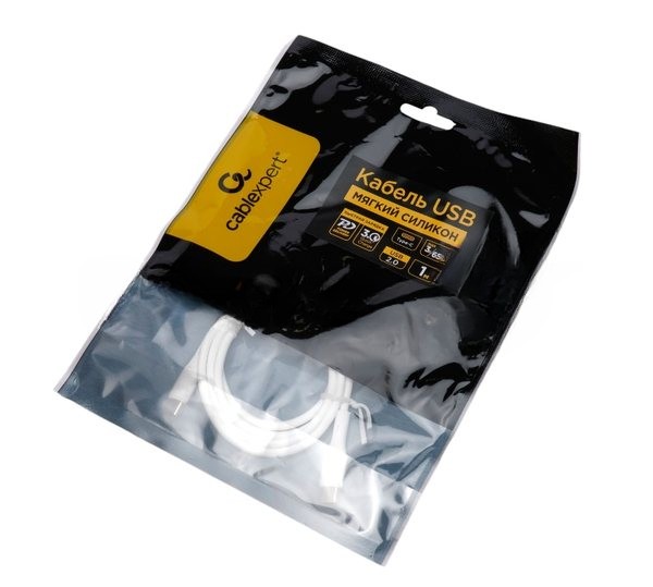Кабель USB2.0 Cablexpert CC-USB2S-CMCM-1M-W Type-C/Type-C, 3А, 65Вт, PD/QC3.0, силиконовый, 24AWG, медь, 1м, белый, пакет