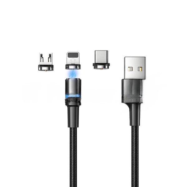 Кабель USB Rexant 3в1 со съемными магнитными портами, Type-С (2A), Lightning (2,4A), Micro USB (2A), 1,2м, в черной оплетке, с LED подсветкой